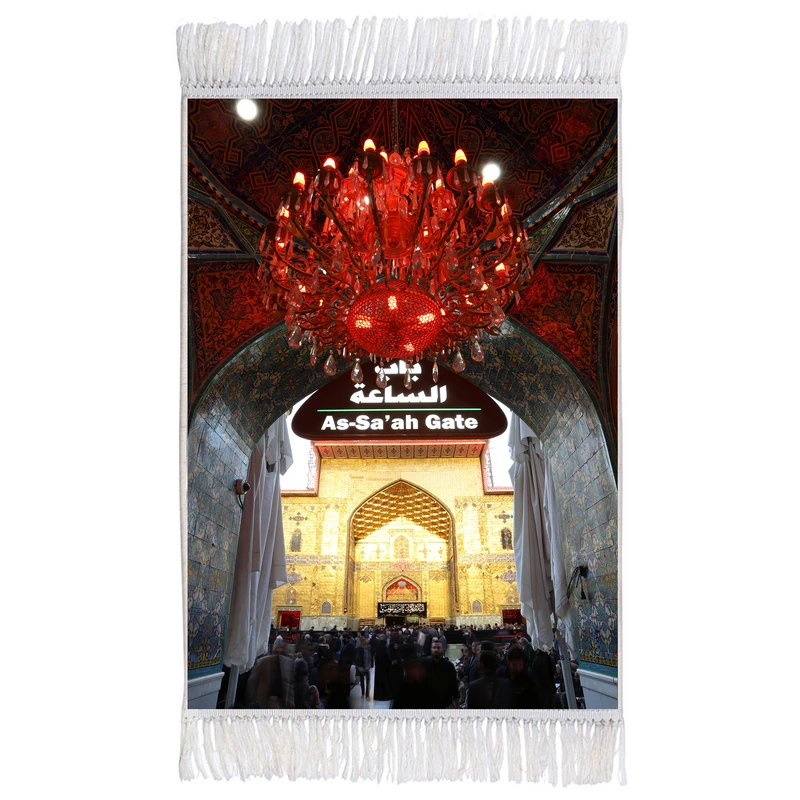 فرش ماشینی دیوارکوب اطلس آبی مدل حرم حضرت علی و باب ساعت کد T4094