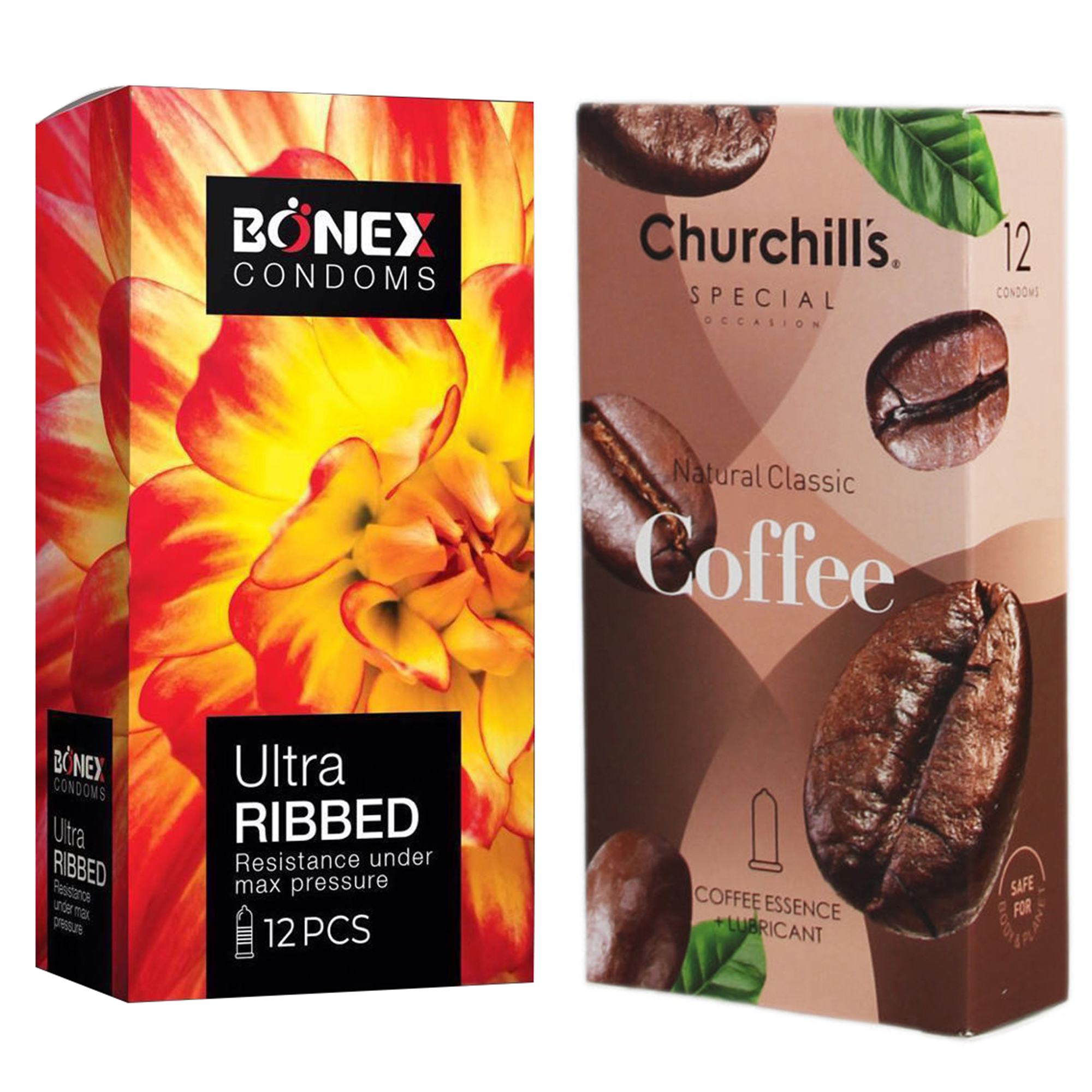 کاندوم چرچیلز مدل Coffee بسته 12 عددی به همراه کاندوم بونکس مدل Ultra Ribbed بسته 12 عددی 