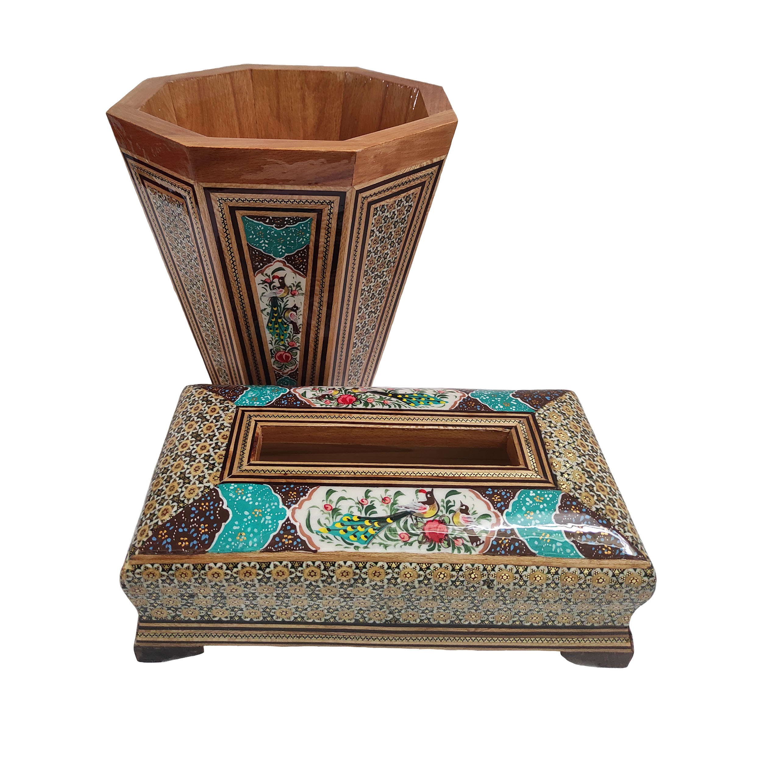 ست سطل و جعبه دستمال کاغذی خاتم کاری مدل گل و مرغ