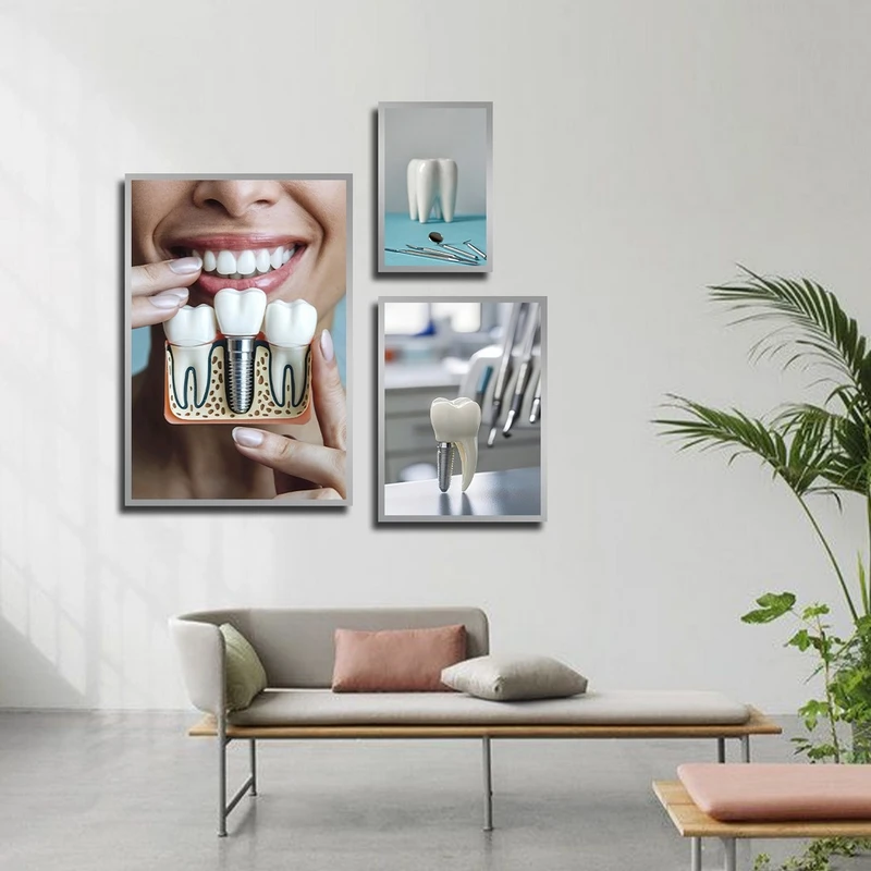 تابلو بکلیت طرح ایمپلنت دندان و دندانپزشکی مدل SI-3902 فریم نقره ای مجموعه 3 عددی