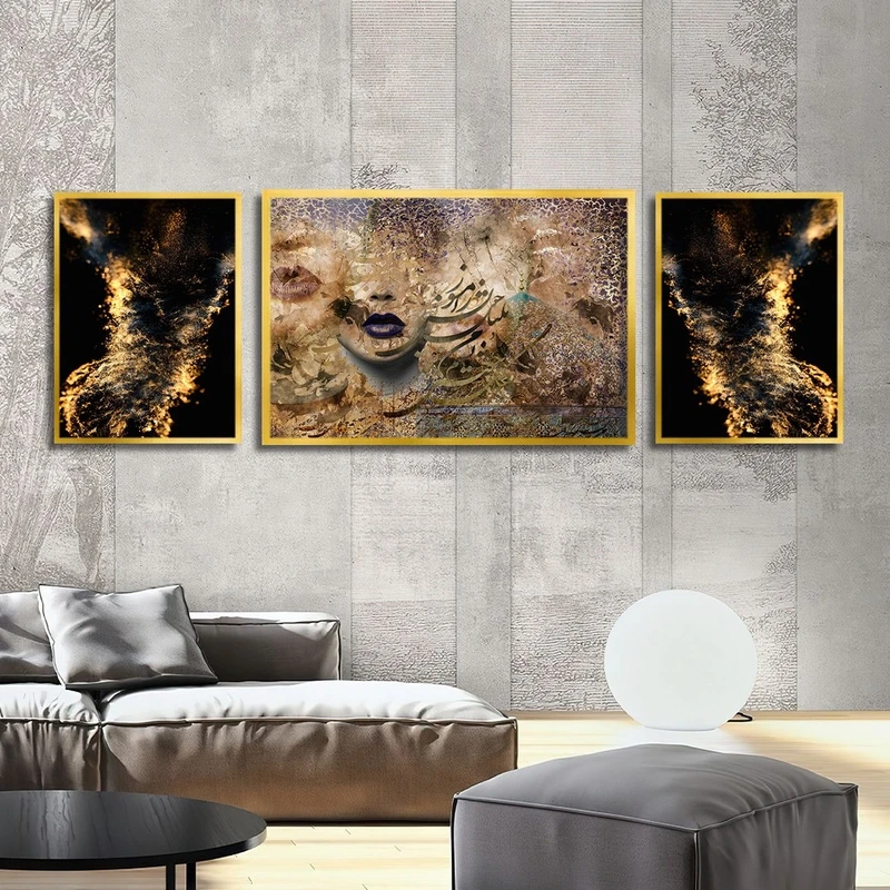 تابلو ساده بکلیت طرح خط نستعلیق و شعر ایرانی مدل شاین اکلیلی T-2535 فریم طلایی مجموعه 3 عددی