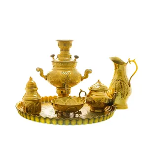 سرویس سماور ذغالی 6 پارچه برنجی مدل عدسی ترک دار کد 4580