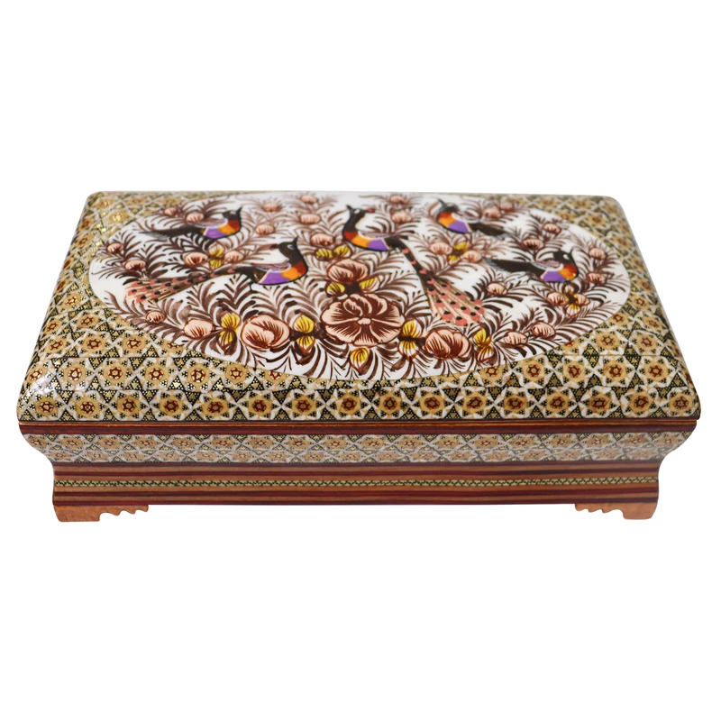 جعبه کارد و چنگال خاتم کاری چوبی صنایع دستی فاخر مدل ممتاز طرح گل و مرغ برجسته کد Br21wire25149