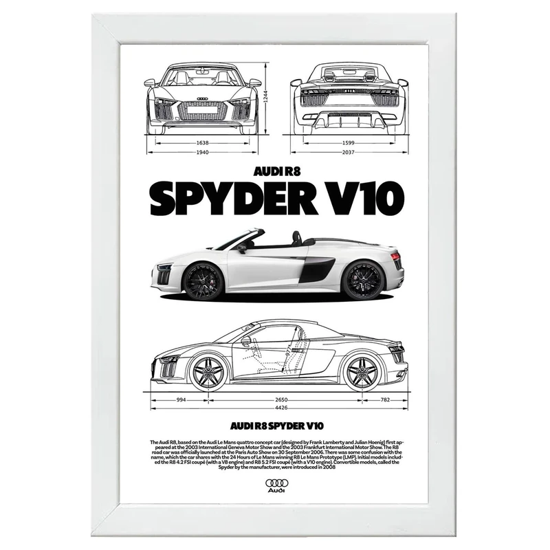 تابلو بکلیت طرح ماشین و خودرو آئودی AUDI R8 SPYDER V10 مدل W-po1560 فریم سفید