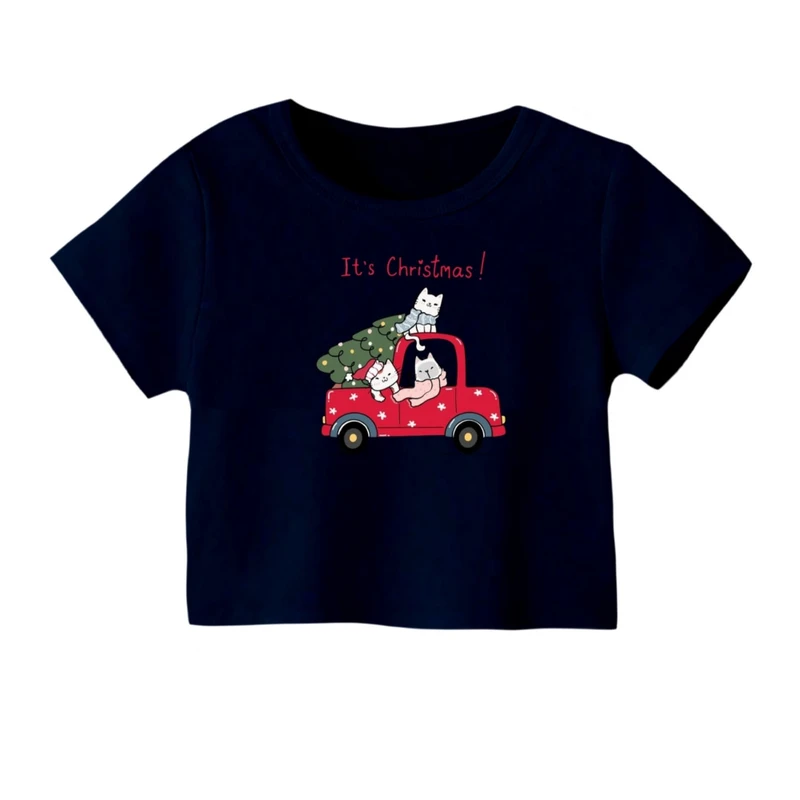 کراپ‌ تی‌شرت آستین کوتاه زنانه مدل ماشین کریسمس کد 7