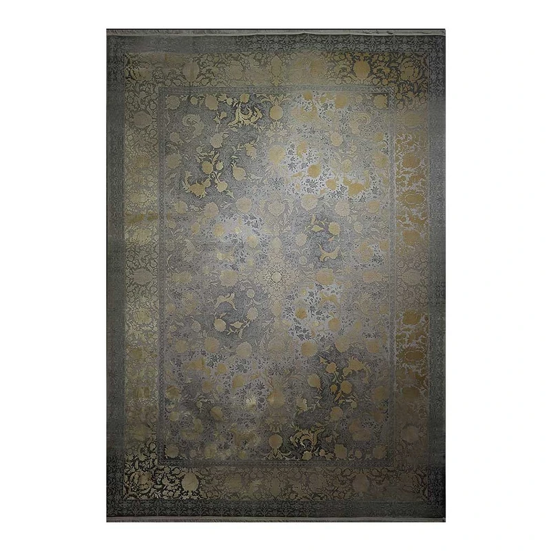 فرش ماشینی 1200 شانه زمینه طوسی حاشیه طلائی مدل ویستان لاوین 2262