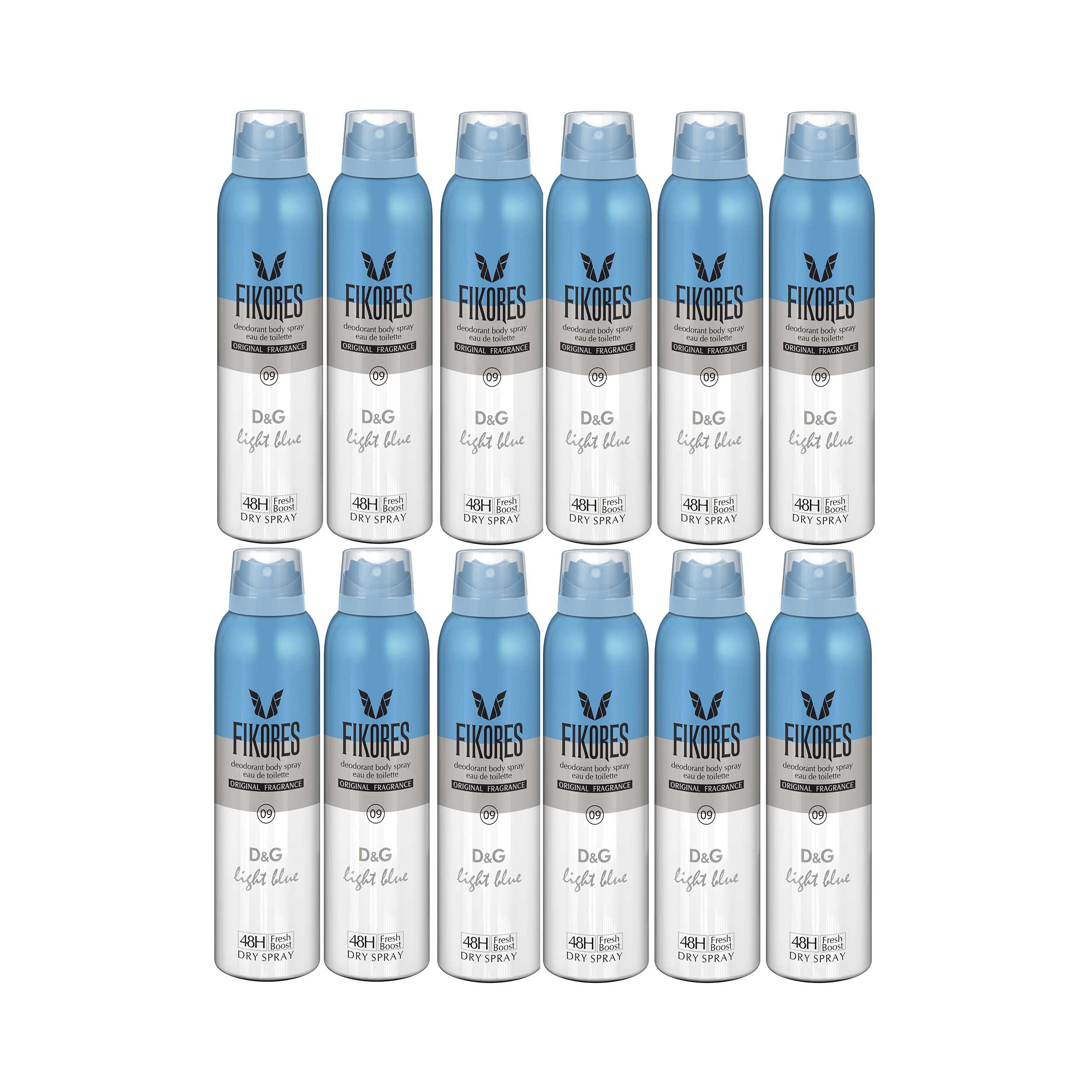 اسپری خوشبو کننده بدن زنانه فیکورس مدل D&G Blue Lighte حجم 200 میلی لیتر مجموعه 12 عددی