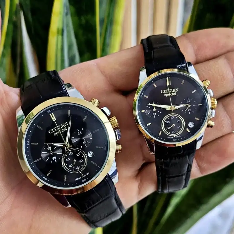 ست ساعت مچی عقربه ای  زنانه و مردانه سیتی زن مدل سه موتور فعال کورنوگراف_چرمی_قاب استیل