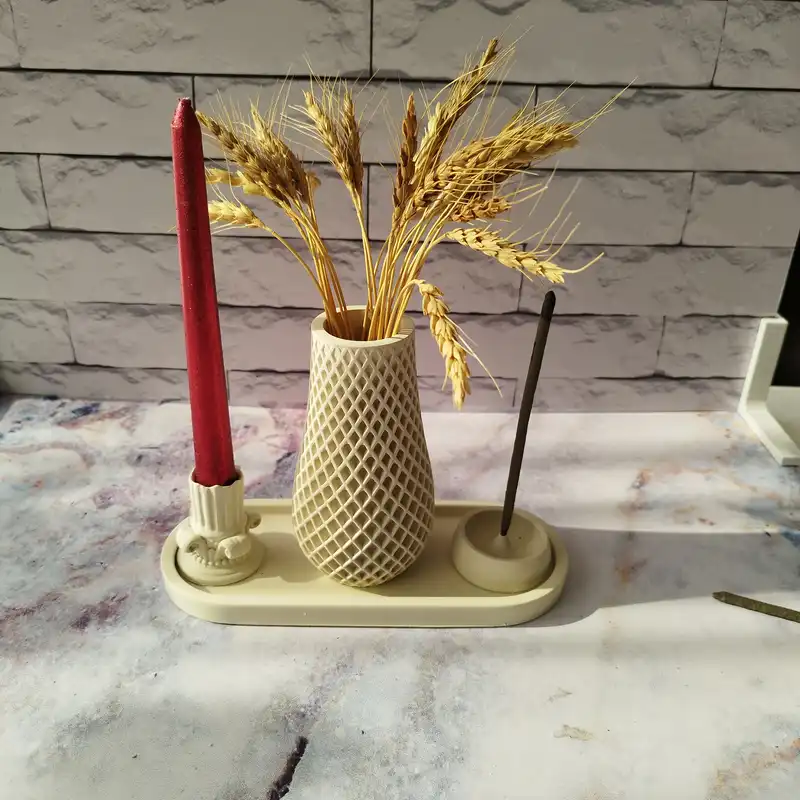 ست گلدان و جاشمعی و جاعودی بتنی مدل موسیو به همراه سینی