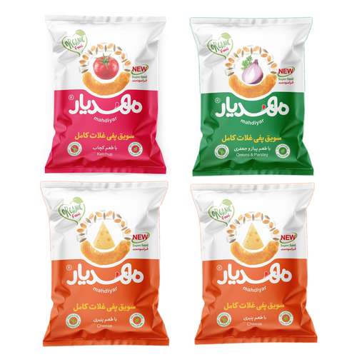 اسنک سویق پفی حبوبات پیاز و جعفری سرکه ای پنیری کچاپ مهدیار - 50 گرم بسته 4 عددی