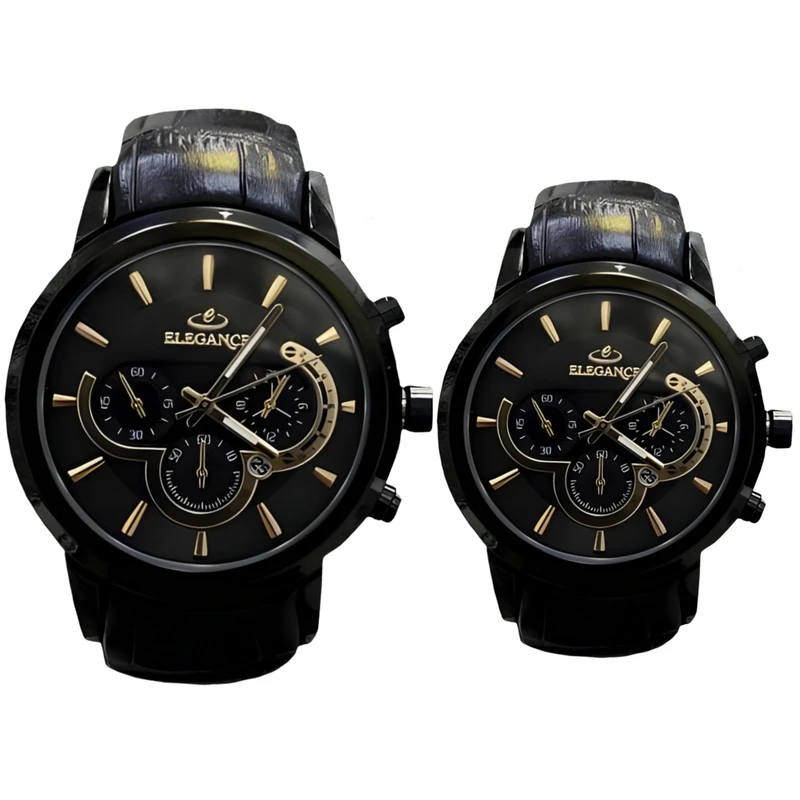 ست ساعت مچی عقربه ای زنانه و مردانه الگانس مدل بند چرمی تک موتوره کد 08