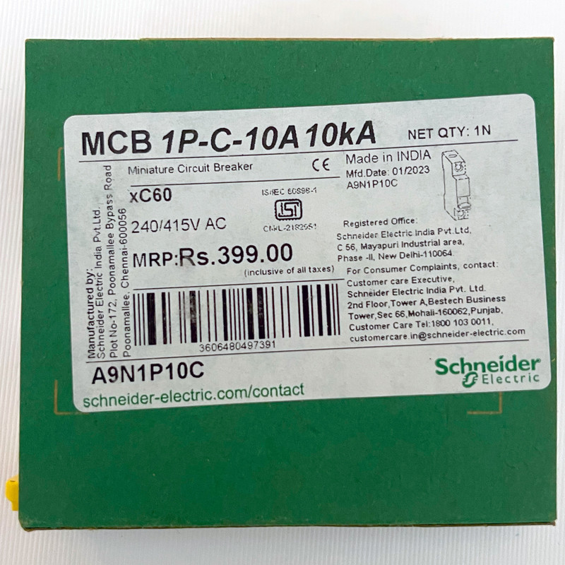 فیوز مینیاتوری تک پل 10 آمپر اشنایدر مدل xC60 Acti9 کد A9N1P10C