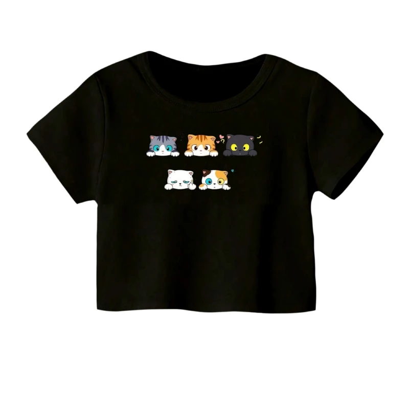 کراپ‌ تی‌شرت آستین کوتاه زنانه مدل گربه های متعجب