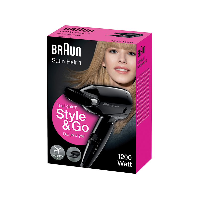 سشوار مسافرتی براون مدل HD 130 با توان 1200 وات، موتور DC، تنظیم دما و سرعت در دو حالت، فناوری تولید یون، کاهش وز مو، دسته تاشو و متمرکزکننده باریک سشوار مسافرتی براون مدل HD 130 با توان 1200 وات، موتور DC، تنظیم دما و سرعت در دو حالت، فناوری تولید یون، کاهش وز مو، دسته تاشو و متمرکزکننده باریک