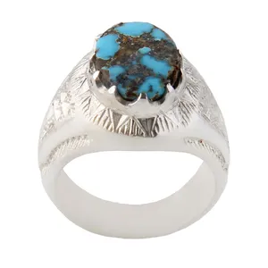 انگشتر نقره مردانه بازرگانی میلادی مدل فیروزه نیشابور رکاب دستساز کد AM_1577