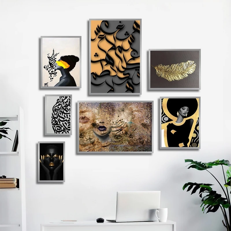 تابلو ساده بکلیت طرح چهره و خط نستعلیق مدل شاین اکلیلی SI-2534 فریم نقره ای مجموعه 7 عددی