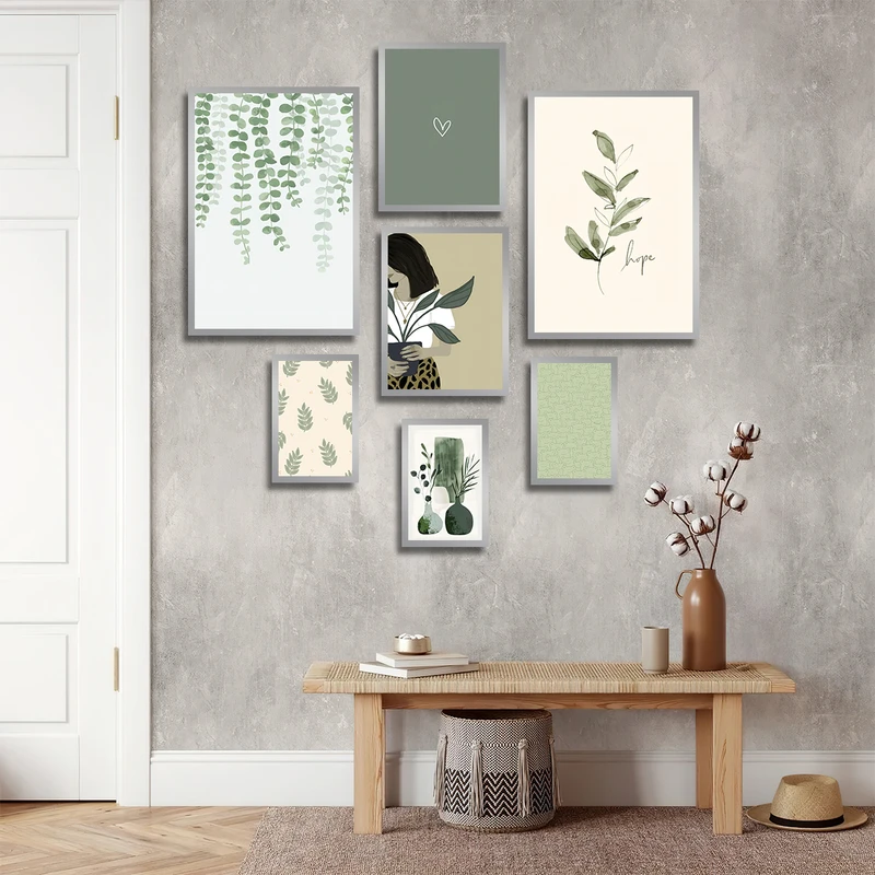 تابلو بکلیت طرح نقاشی طبیعت و برگ مدل SI-3715 فریم نقره ای مجموعه 7 عددی