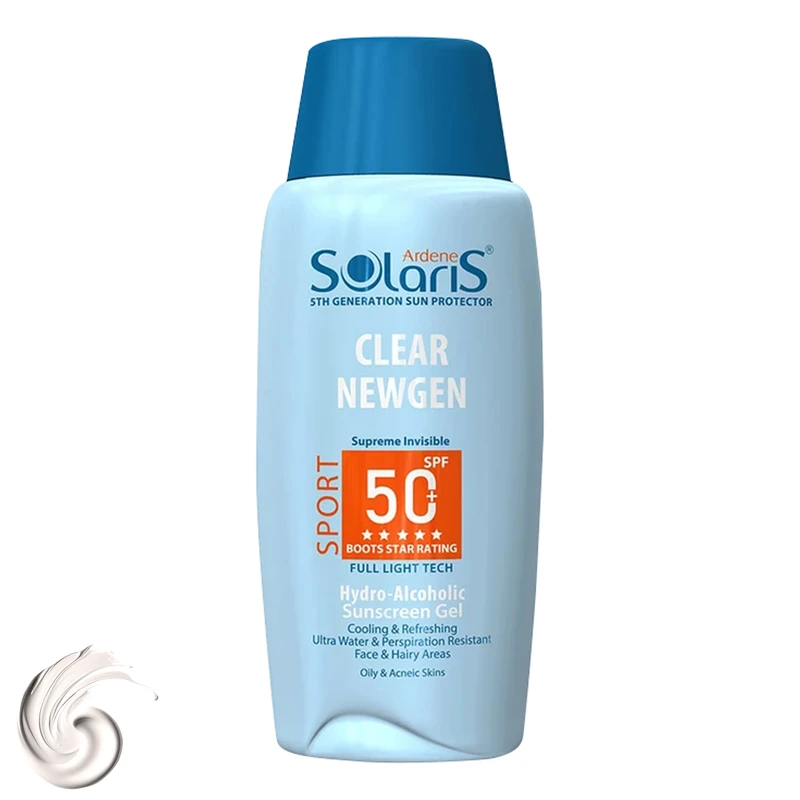 ژل ضدآفتاب بی‌رنگ آردن سولاریس SPF50 مدل Clear Newgen، مناسب پوست‌های چرب، حجم 100 میلی‌لیتر