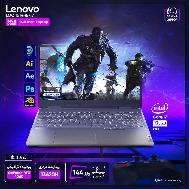 لپ تاپ 15.6 اینچی لنوو مدل LOQ 15IRH8-i7 13620H-32GB DDR5 5200Mhz-1TB SSD-RTX4060-FHD - کاستوم شده