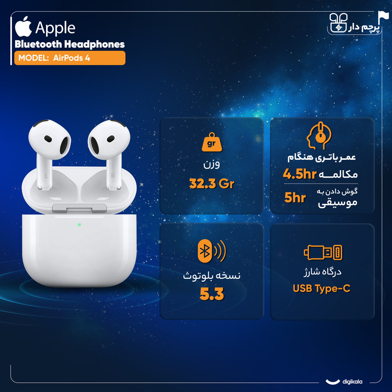 خرید و قیمت هدفون بلوتوثی اپل مدل AirPods 4 فاقد قابلیت نویز کنسلینگ، درگاه شارژ USB Type-C، شارژ بی سیم، با قابلیت اتصال به چند دستگاه، پشتیبانی از فرمان لمسی، نشانگر LED، پشتیبانی از دستیار صوتی، مقاوم در برابر آب