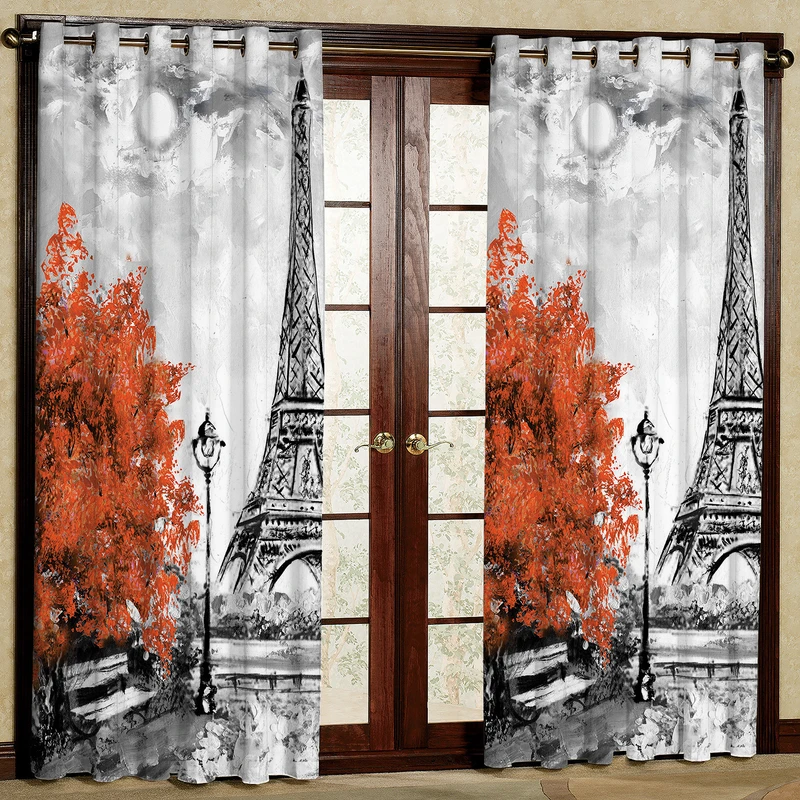  پرده مدل برج پاریس گل نارنجی مخمل پانچی کد 351 سایز 140x280 سانتی متر