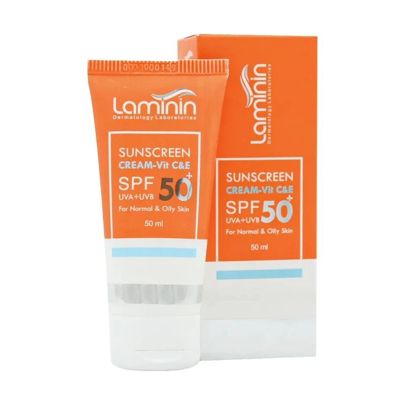 کرم ضد آفتاب بی‌رنگ دست و صورت لامینین SPF 50 مدل ویتامینه محافظ UVA ،UVB مناسب برای پوست چرب و معمولی حجم 50 میلی‌لیتر