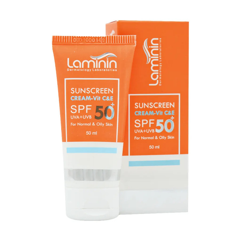 کرم ضد آفتاب بی‌رنگ دست و صورت لامینین SPF 50 مدل ویتامینه محافظ UVA ،UVB مناسب برای پوست چرب و معمولی حجم 50 میلی‌لیتر