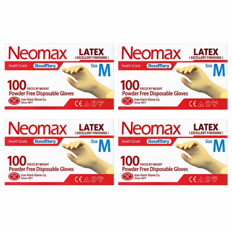 دستکش لاتکس غیر پودری حریر مدل نئومکس سایز متوسط(M) 4 بسته ۱۰۰ عددی