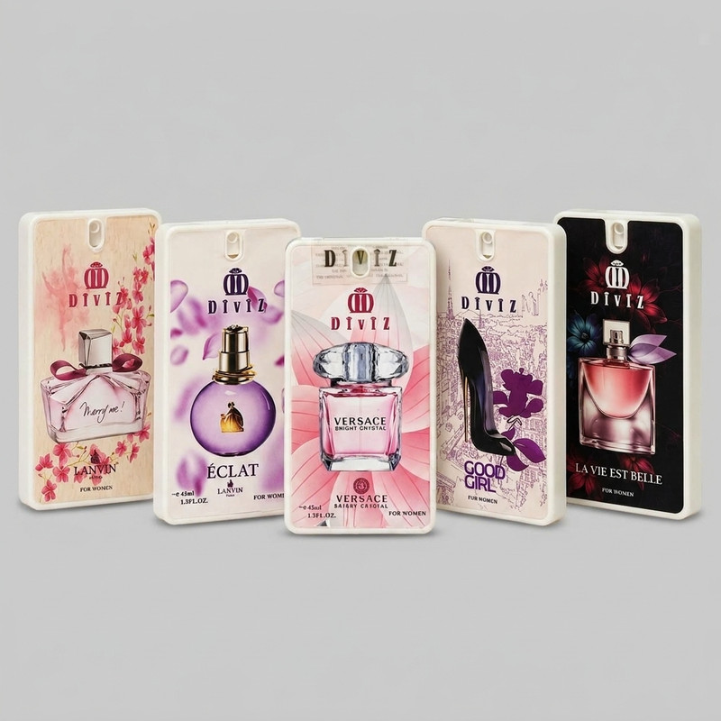 عطر جیبی زنانه دیوایز مدل مری می، لانوین اکلت، ورساچه برایت، گودگرل، لاوی بل ، با رایحه گرم و شیرین حجم 45 میلی‌لیتر بسته 5 عددی