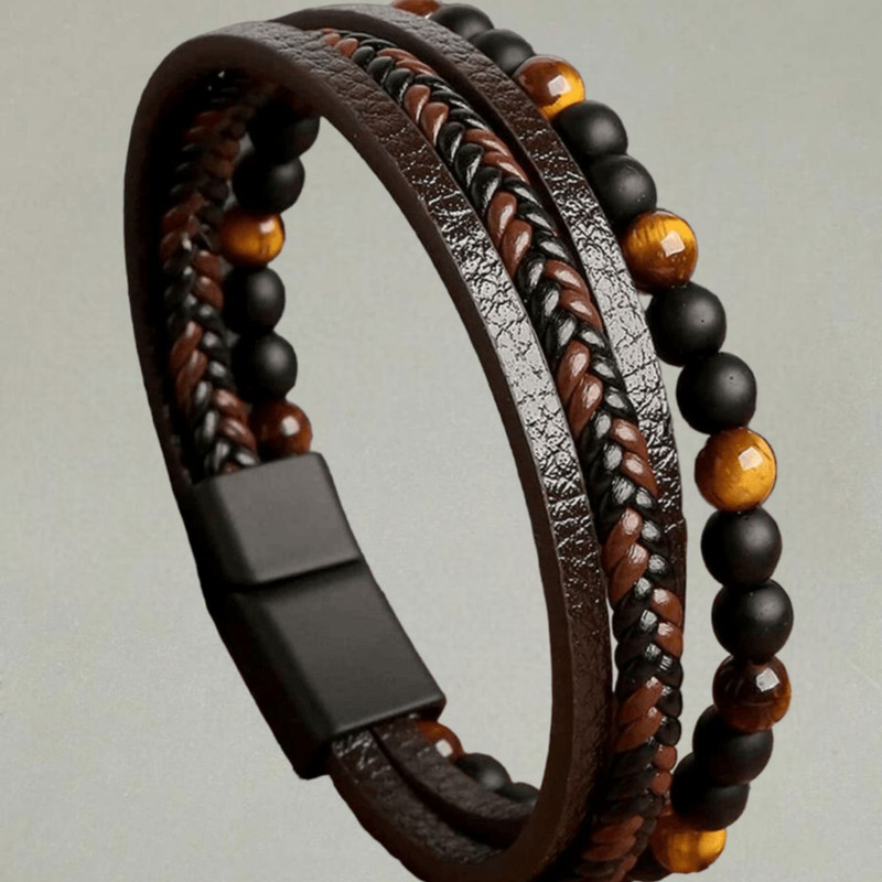 دستبند مردانه مدل چرم طبیعی چهار لایه