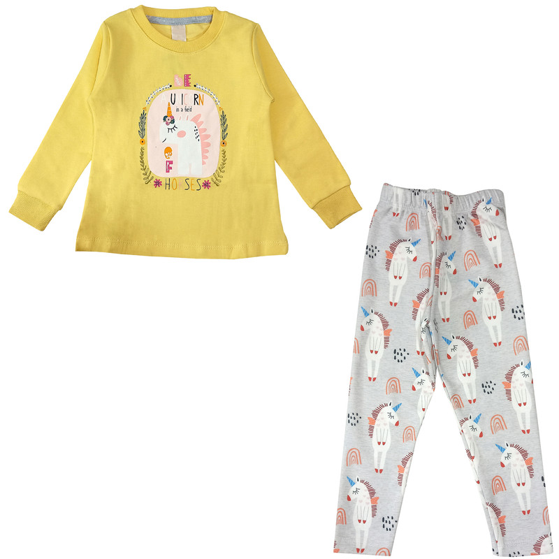 ست تی شرت و شلوار دخترانه مدل اسب تک شاخ کد 3634 رنگ زرد