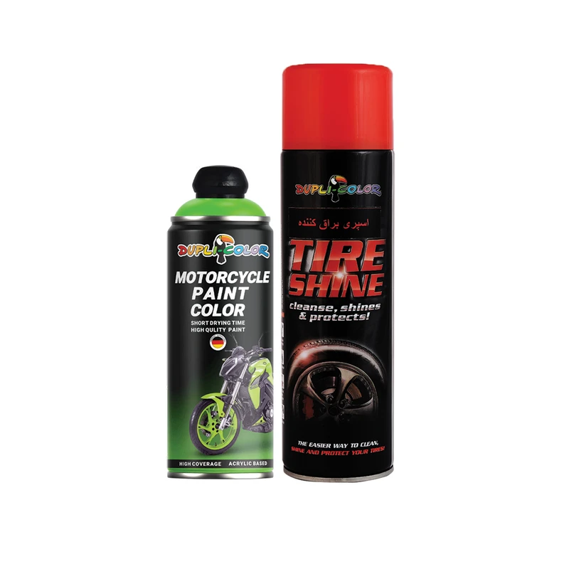  واکس محافظ و براق کننده لاستیک و اسپری رنگ موتور سیکلت سبز فلورسنت دوپلی کالر مدل شب تاب حجم 400 میلی لیتر مجموعه 2 عددی