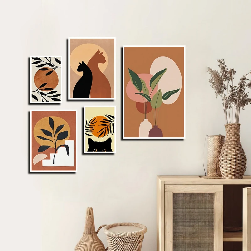 تابلو بکلیت طرح نقاشی مینیمال برگ و گربه مدل W-3879 فریم سفید مجموعه 5 عددی