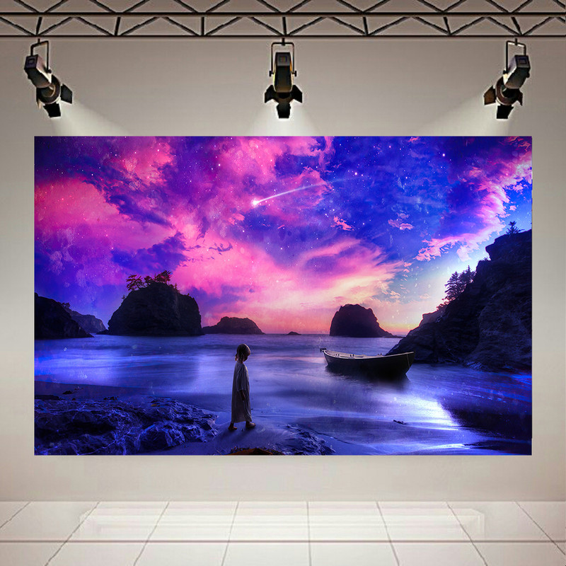 تابلو بوم  طرح بلک لایت آسمان کهکشانی و دریاچه مدل Little Girl In Magical Forestکد AR31031