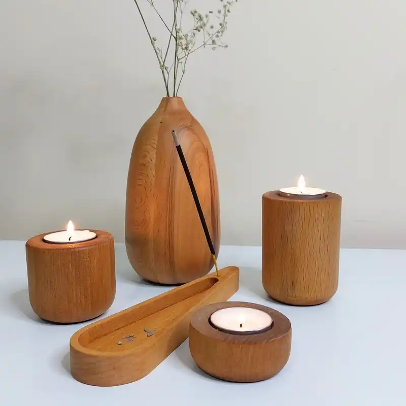 ست 5 تکه جاشمعی و گلدان چوبی کد SET100