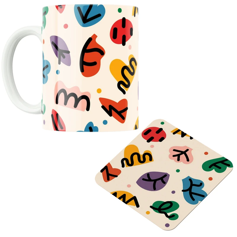 ماگ پاد آفرین مدل طرح و نقاط و خطوط رنگی کد DKC504 به همراه زیر لیوانی