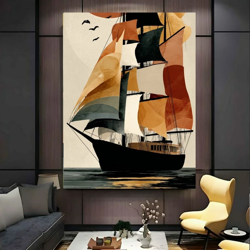 تابلو بوم طرح مخمل کشتی در دریا مدل مدرن کد PY577