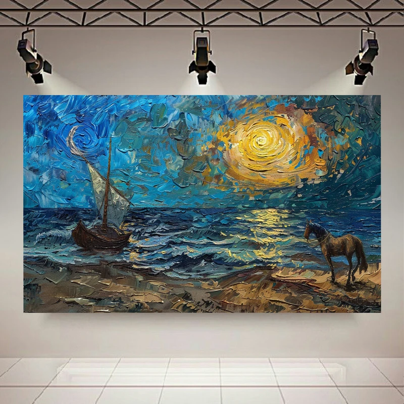 تابلو بوم طرح مخمل شب پر ستاره ونگوگ مدل ساحل کد AR302363