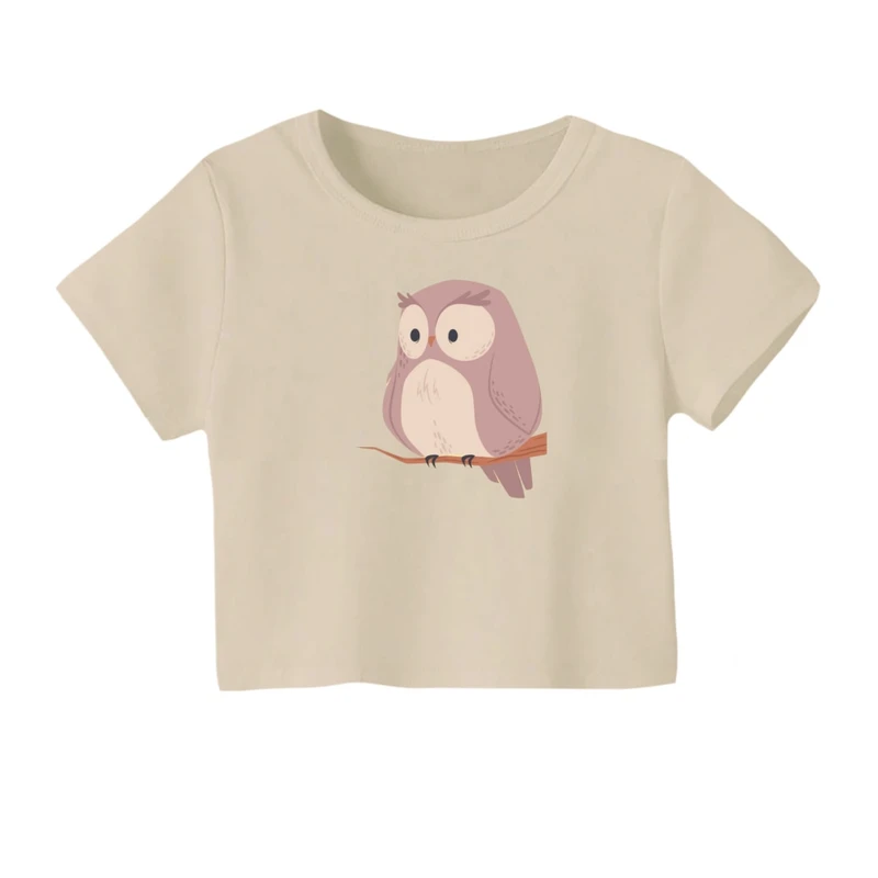 کراپ‌ تی‌شرت آستین کوتاه زنانه مدل جغد کارتونی