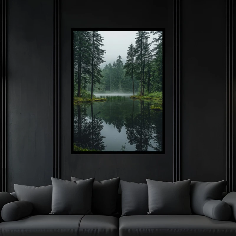 تابلو بکلیت طرح منظره دکوری طبیعت و جنگل برکه و دریاچه و رودخانه مدل B-bu5916 فریم مشکی