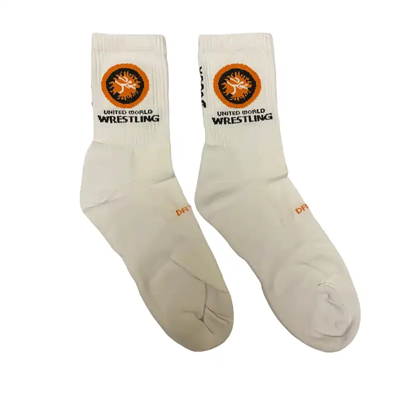 جوراب ورزشی ساق بلند مردانه مدل کف حوله ای طرح کشتی رنگ سفید