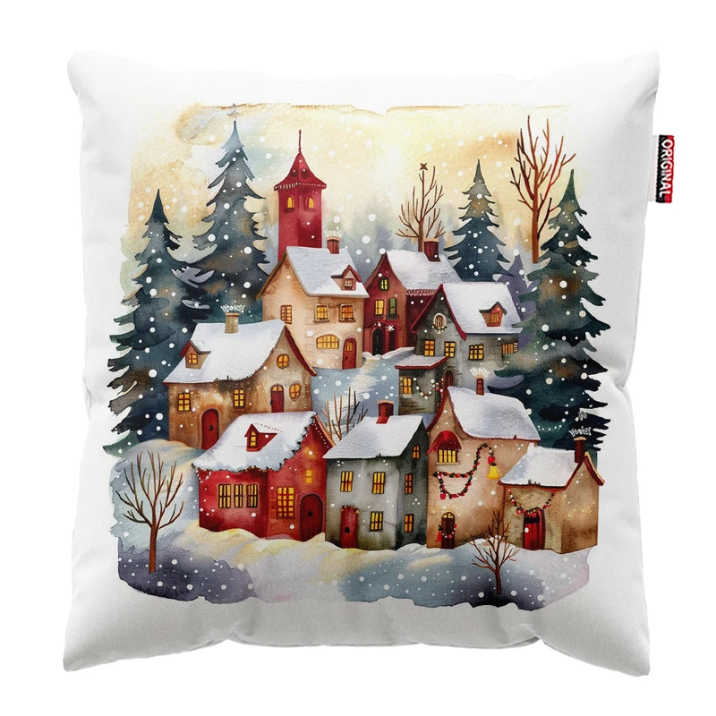 کوسن پاد آفرین مدل زمستان طرح دهکده برفی کد PK402528 سایز 40*40 سانتی متر 