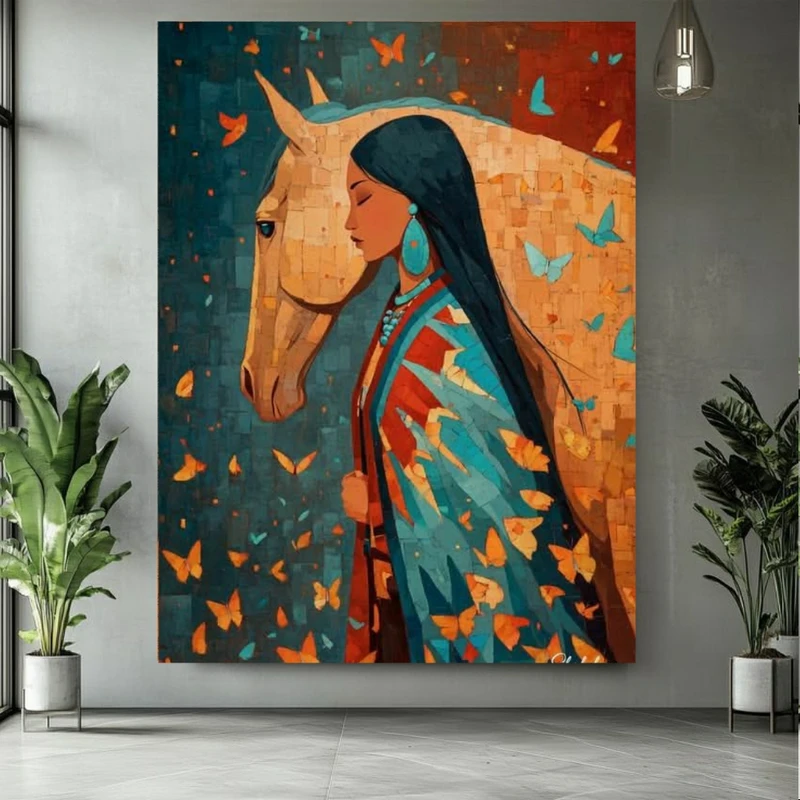 تابلو بوم طرح مخمل سرخپوست مدل دختر و اسب کد PY467