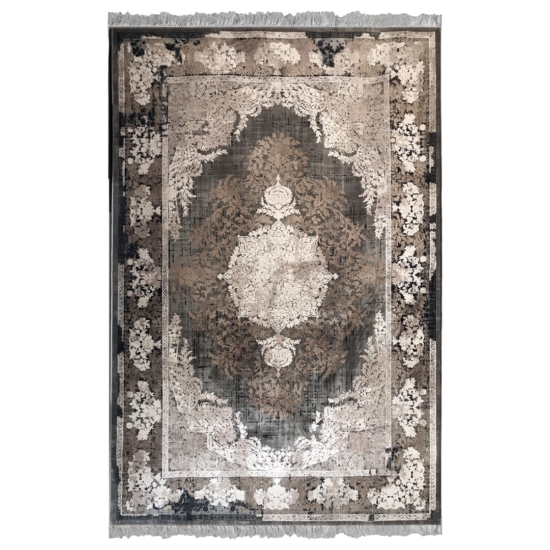 فرش ماشینی آرمانی طرح ترک کد 7113 زمینه طوسی