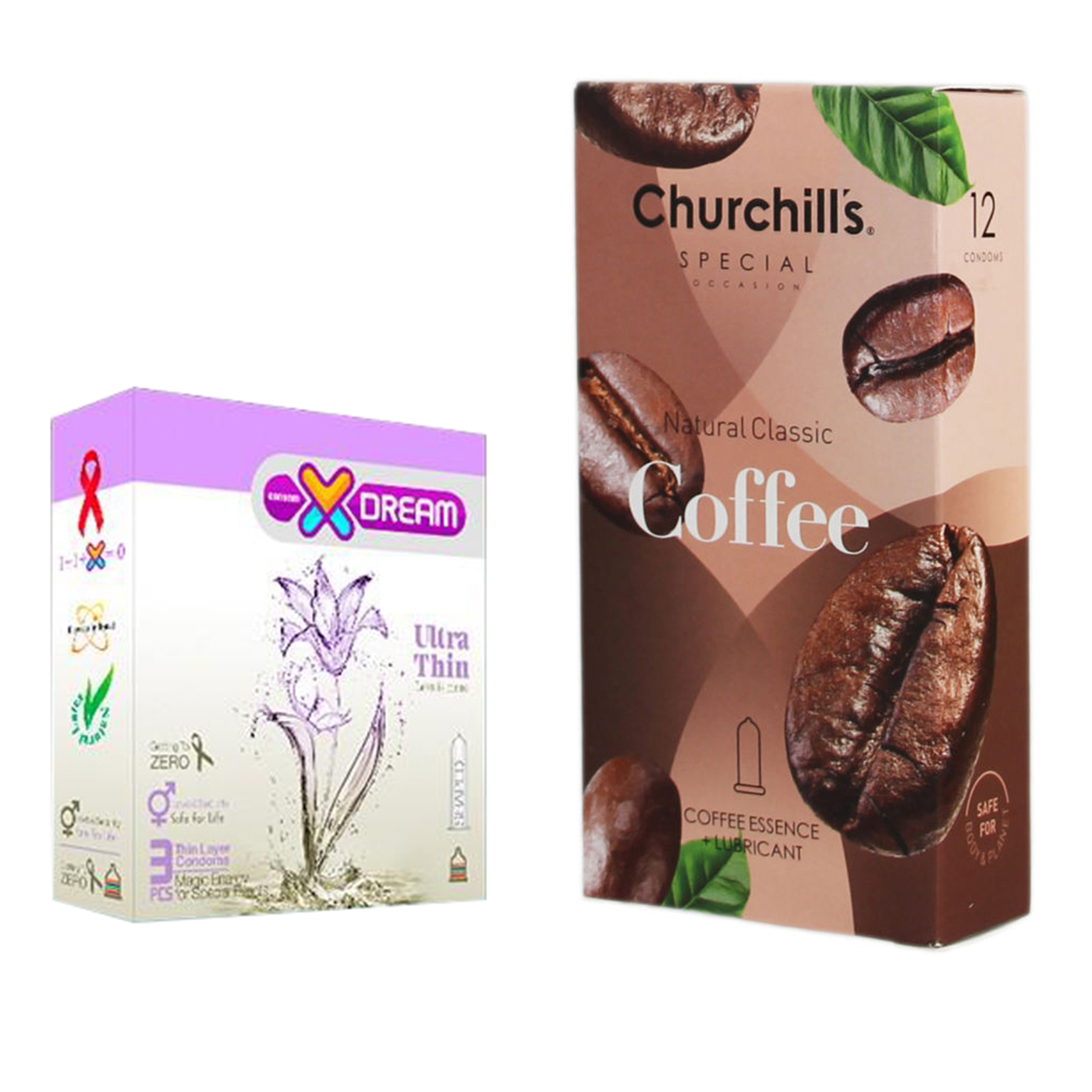 کاندوم چرچیلز مدل Coffee بسته 12 عددی به همراه کاندوم ایکس دریم مدل Ultra Thin بسته 3 عددی