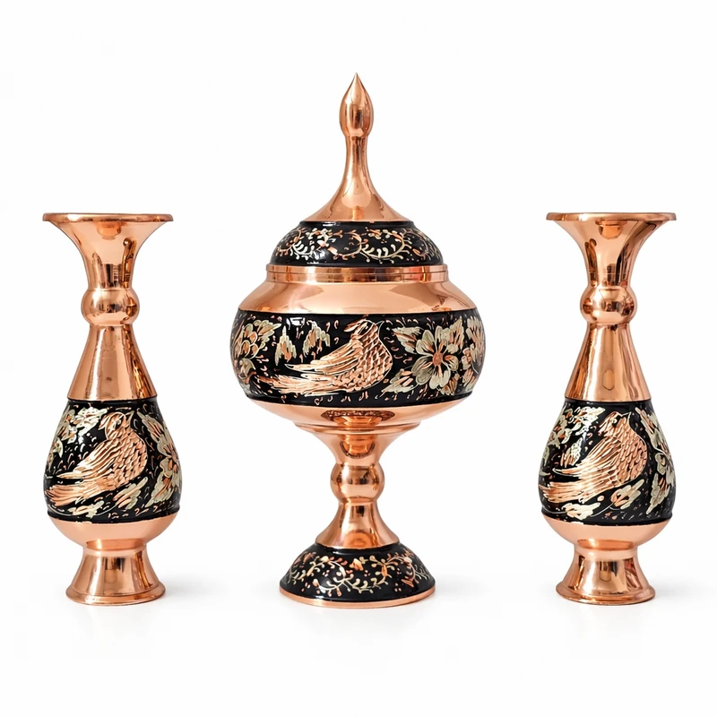 ست 3 تکه گلدان و شکلات خوری مسی کد 1623sS