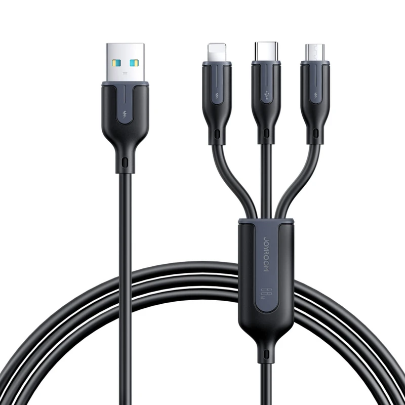 کابل تبدیل USB به لایتنینگ/USB-C/microUSB جوی روم مدل A15 66W طول 1.2 متر