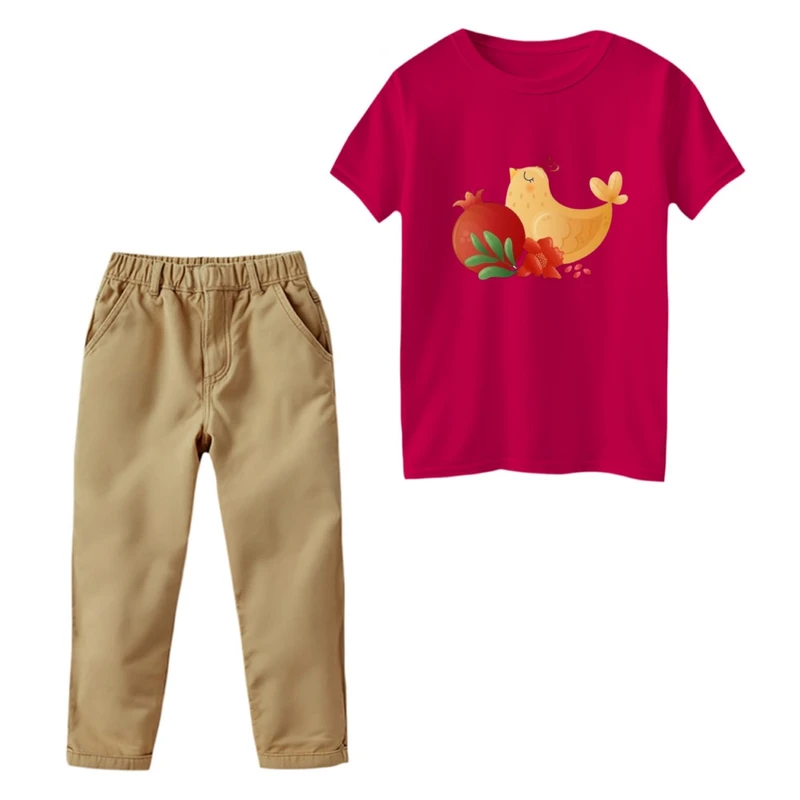 ست تی‌شرت و شلوار دخترانه مدل انار یلدایی کد 7 رنگ سرخابی