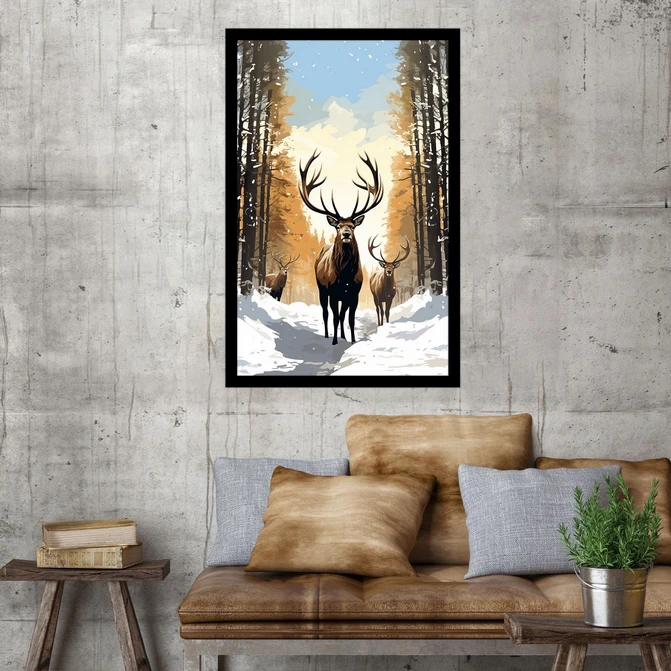 تابلو نوری بکلیت طرح نقاشی طبیعت زمستان و گوزن مدل B-MID-17730