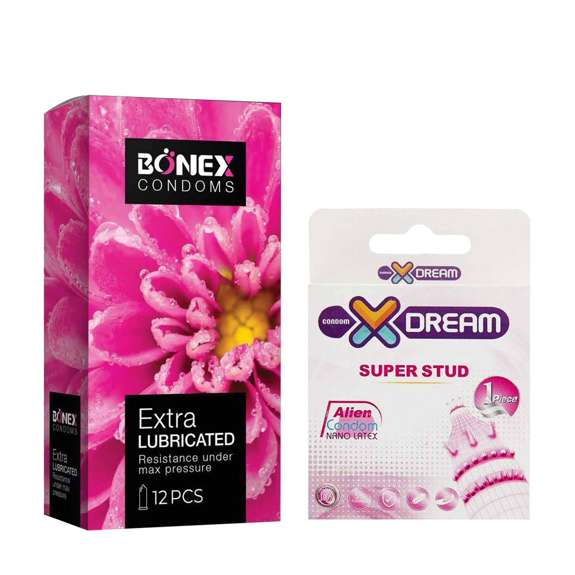 کاندوم بونکس مدل Extra Lubricated بسته 12 عددی به همراه کاندوم ایکس دریم مدل Super Stud
